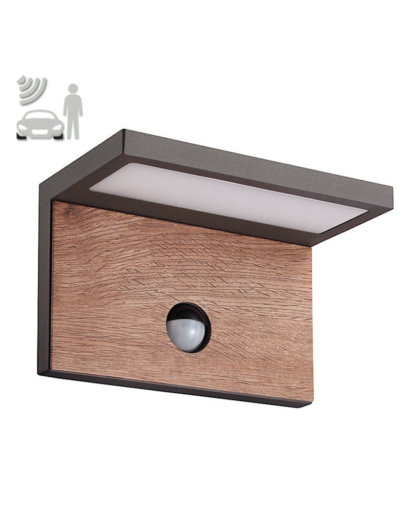 Aplique de exterior LED 15W 3000K de aluminio gris y madera IP54 con sensor de movimiento