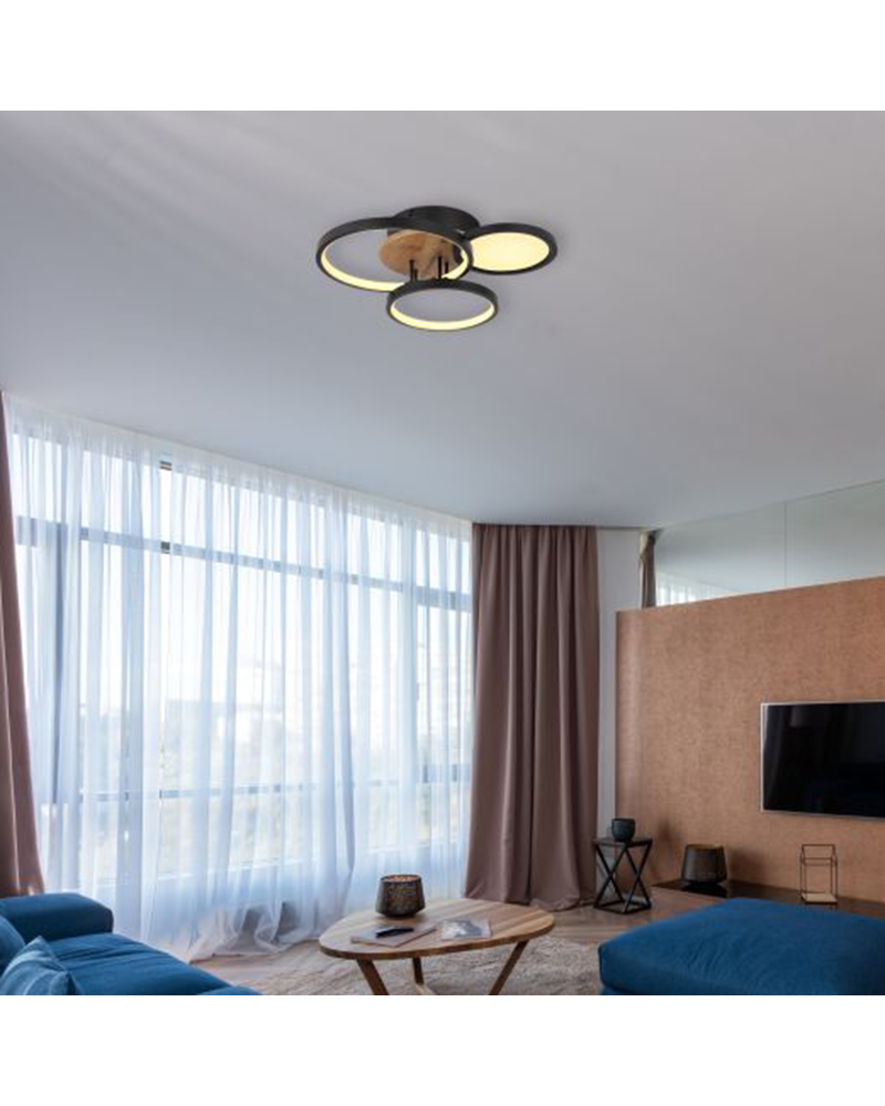 LED ceiling light 40cm made of wood, metal and plastic, wood, opal and black finish 30W 3000K