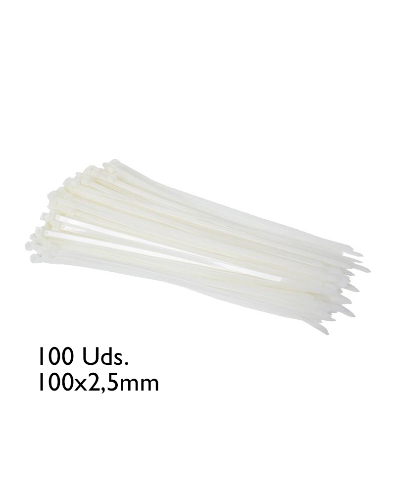 Bag of 100 white cable ties 100x2.5mm.