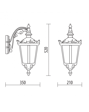 Classic style outdoor wall light IP44 E27 high 52cms, with head downwards