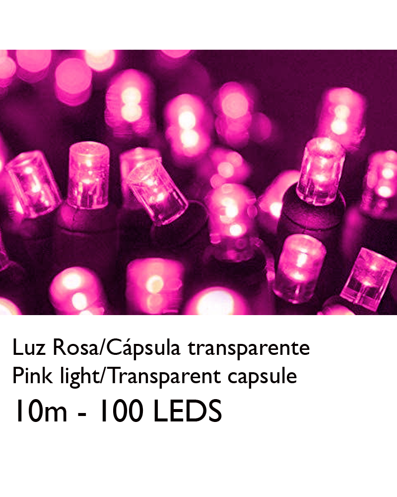 Guirnalda 10m y 100 LEDs color rosa cápsula clara y cable empalmable IP65 apta para exterior